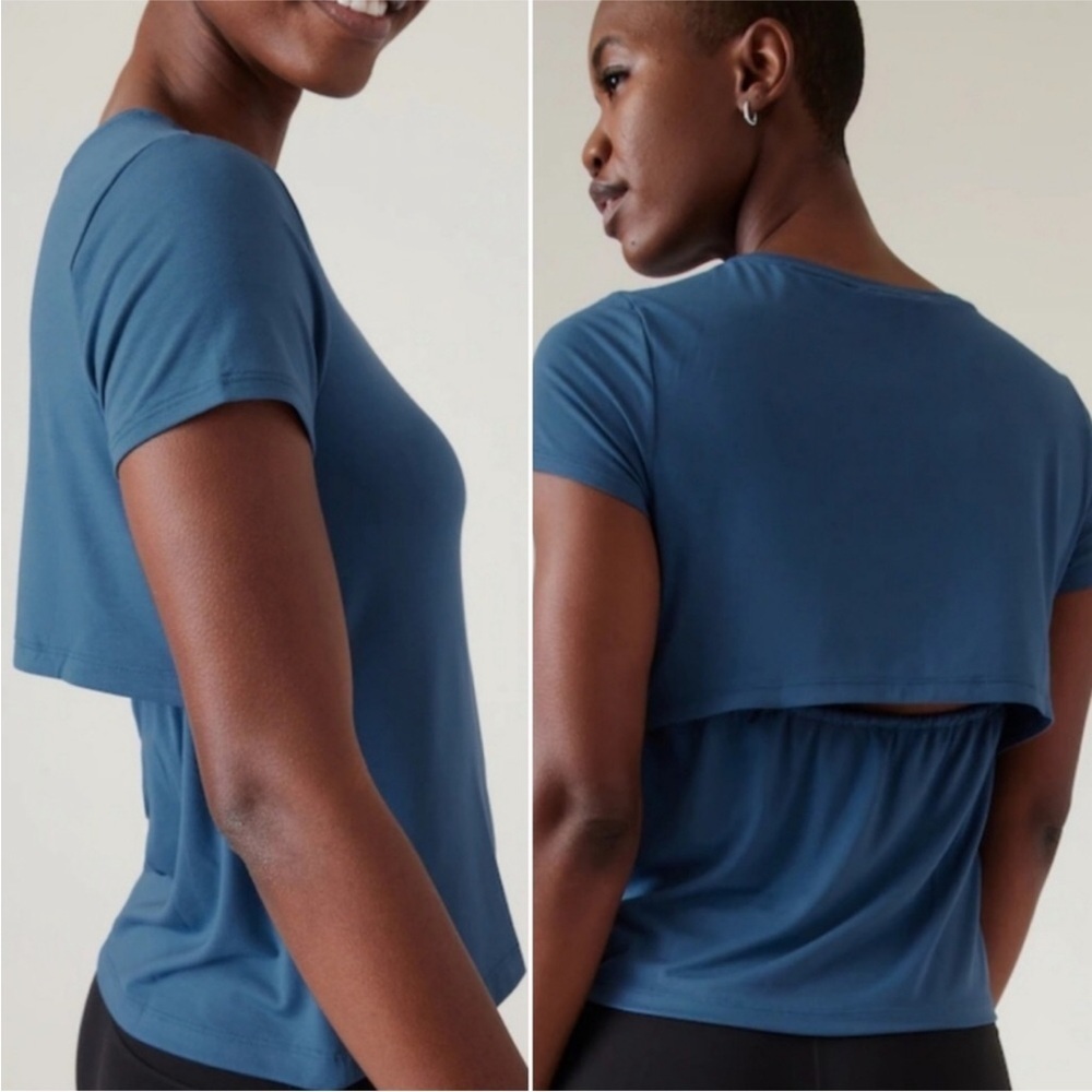 Athleta Air Out Cinch Tee Shirt Open Back Short Sleeve in Jay Blue Size XL